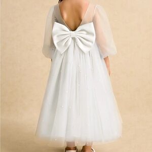Azazie Ivory Flower Girl Dress with Bow and Sheer Sleeves